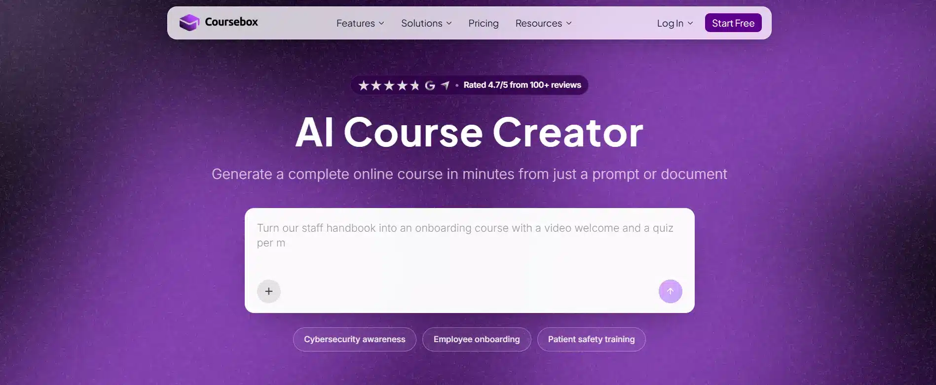 Coursebox AI Course Creator interface showing an AI tool that generates complete online courses.
