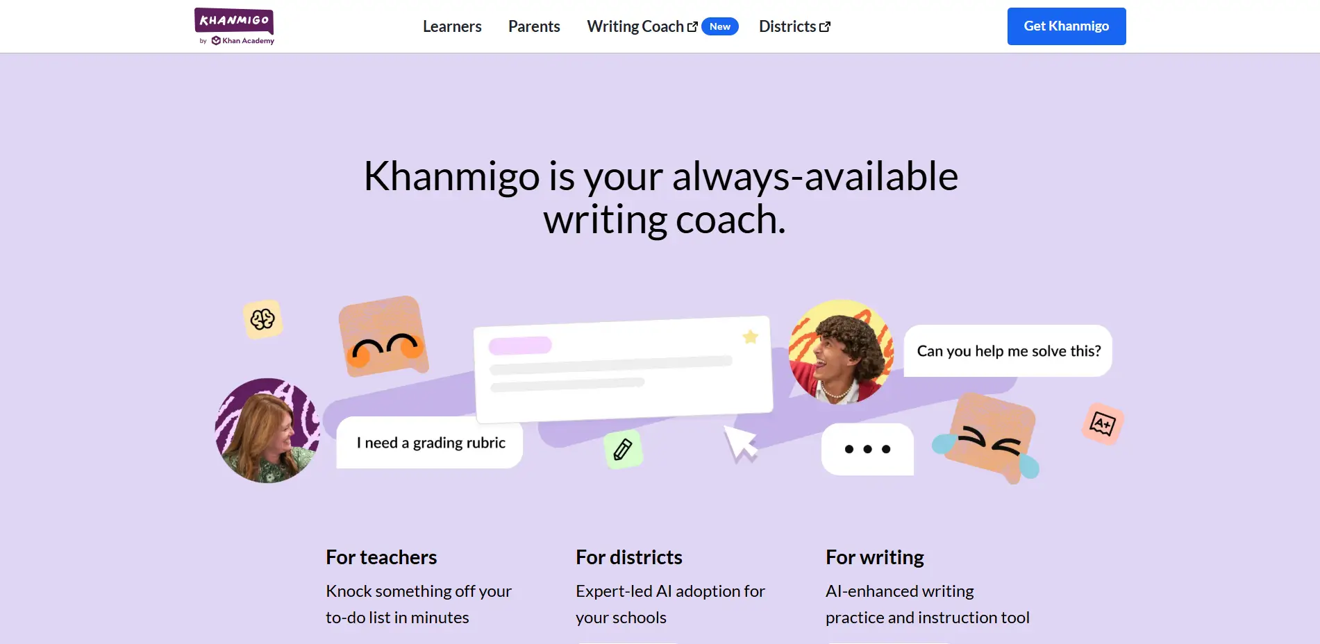 Khanmigo AI tutoring platform interface showing an always-available writing coach.
