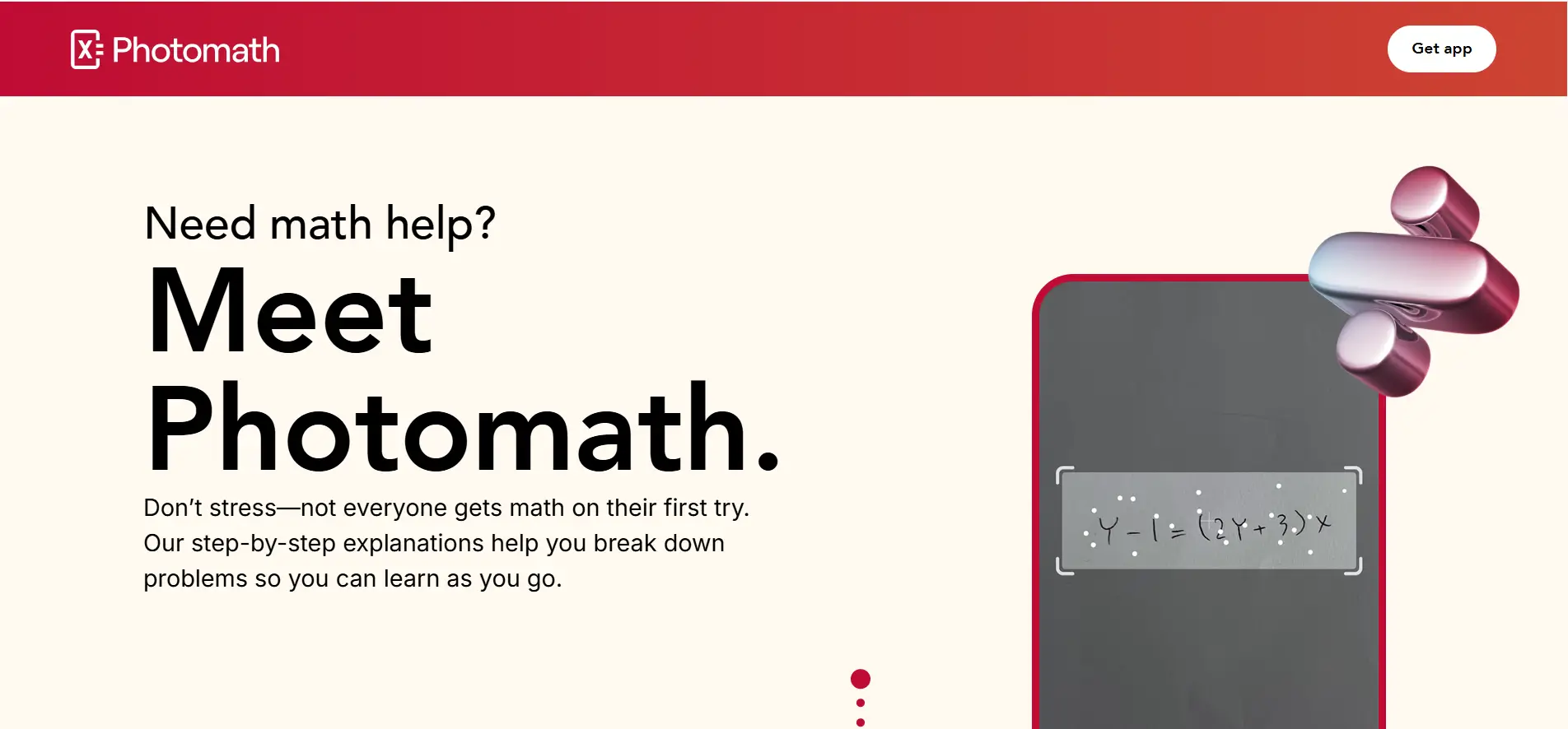 Photomath AI math tutor interface showing step-by-step problem solving and explanations.