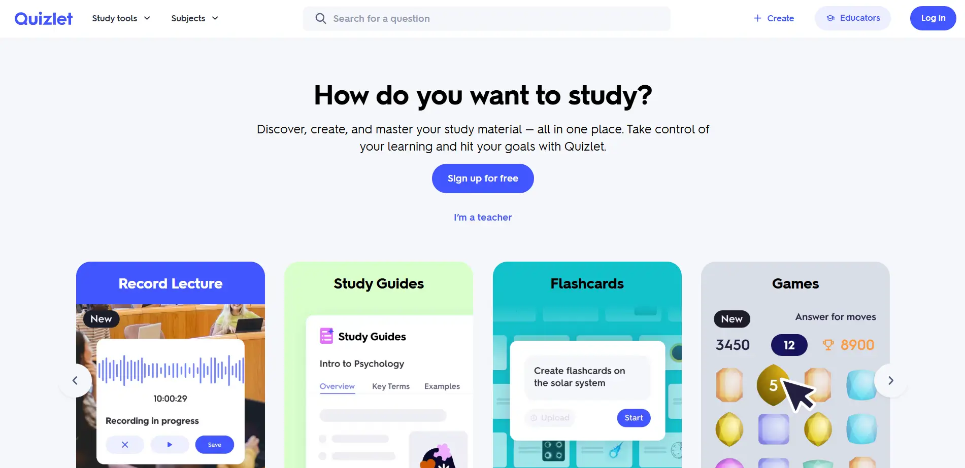 Quizlet AI study platform interface featuring study guides, flashcards.