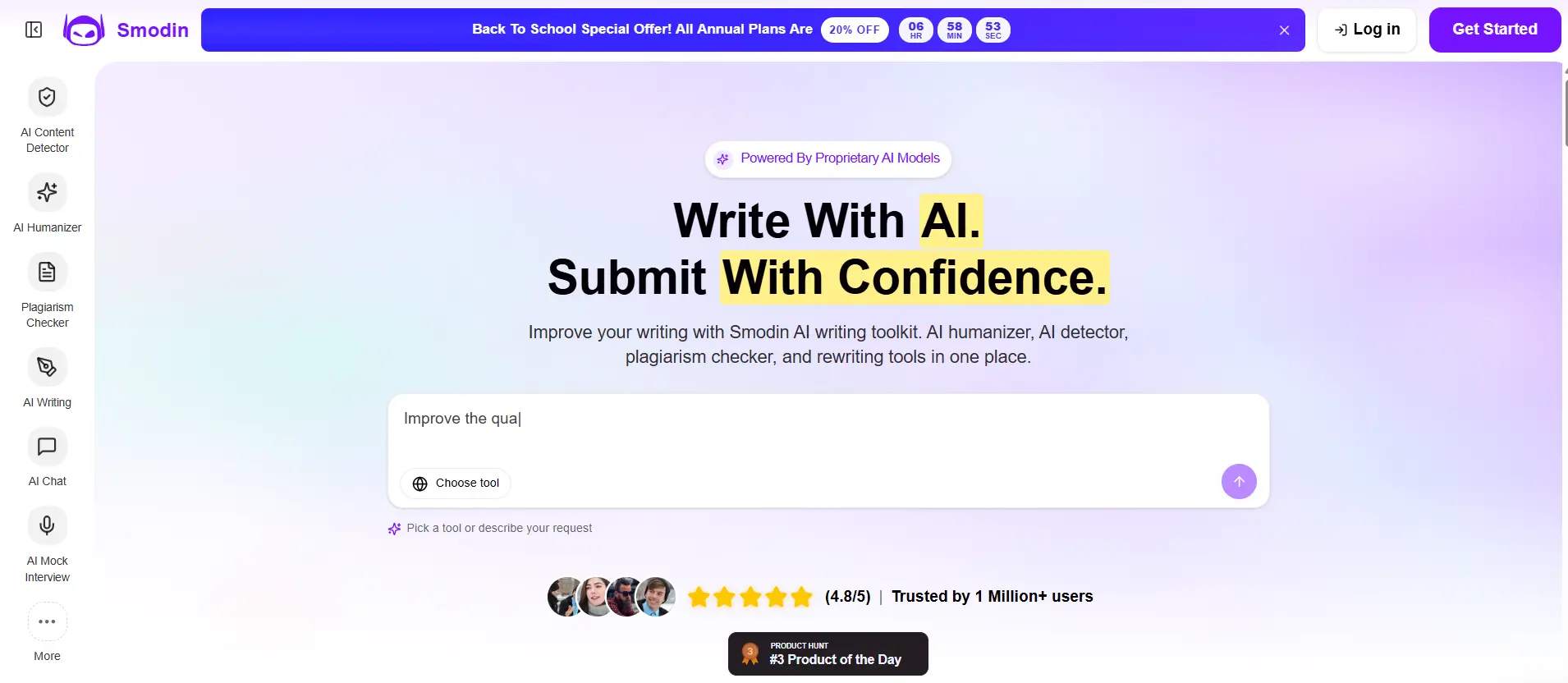 Smodin AI writing platform interface featuring AI writing.