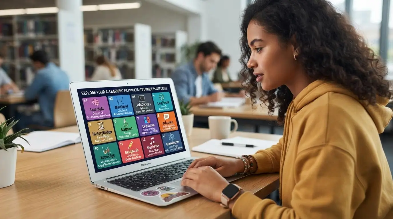 Student exploring a visual lineup of 13 AI tutoring platforms on a laptop.
