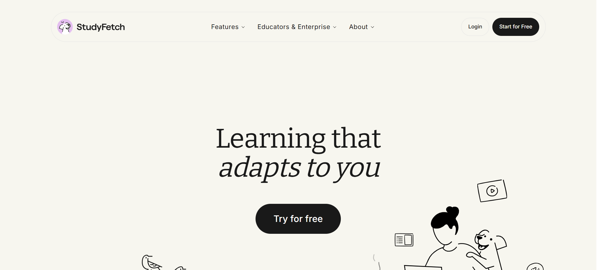 StudyFetch AI tutoring platform homepage highlighting adaptive learning.