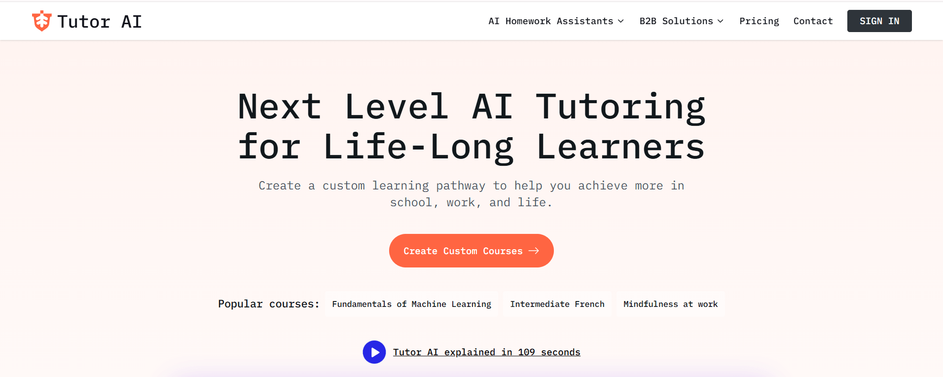 Tutor AI platform homepage promoting personalized AI tutoring.